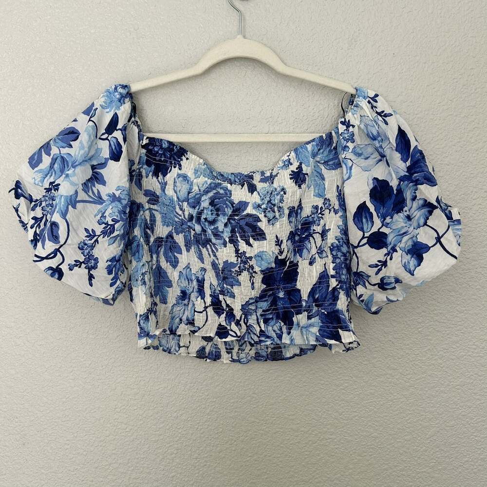 Women's H&M Size Large New with Tags Blue White Off Shoulder Cropped Blouse